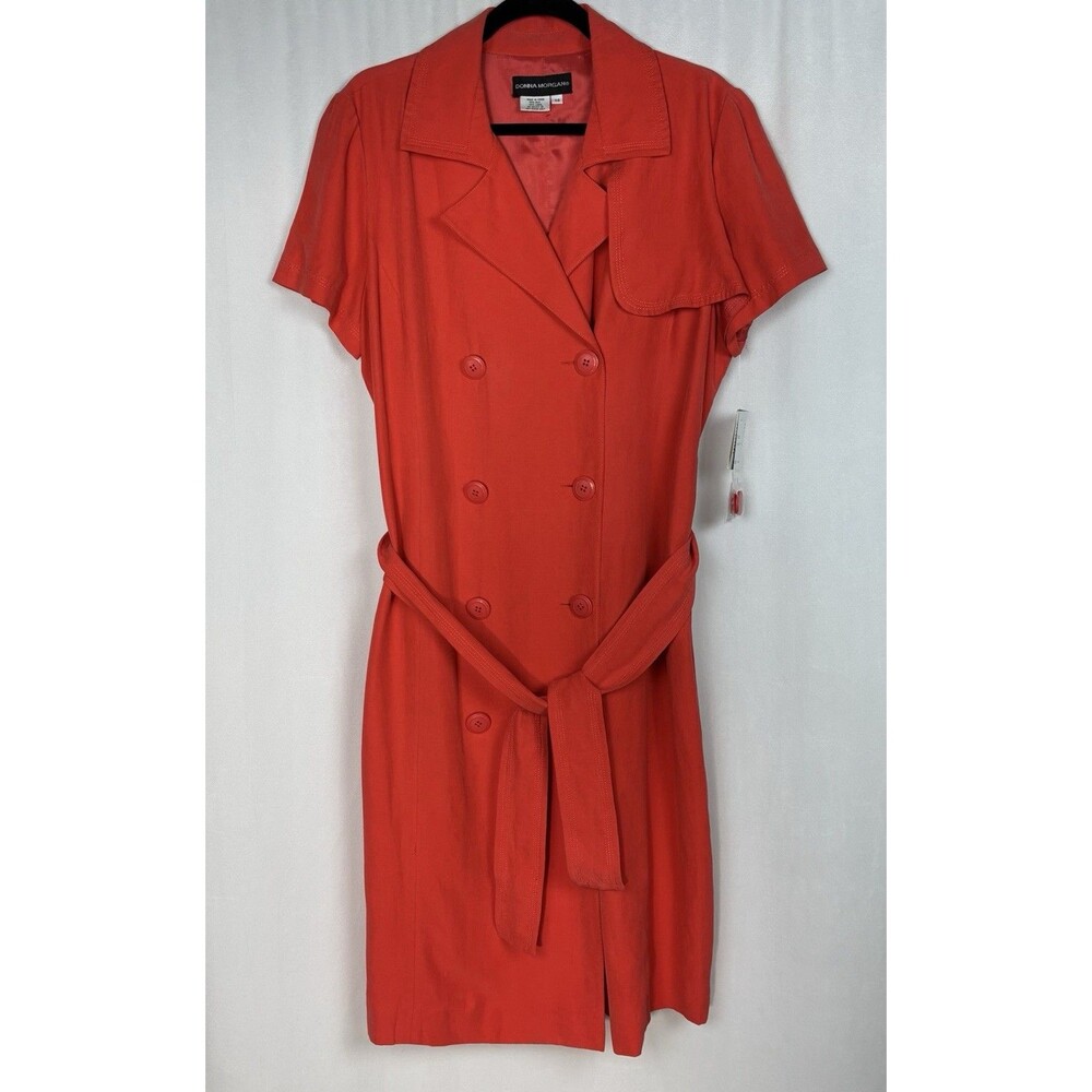 Donna Morgan Trench Dress Size 14 Orange Silk Linen Double Breasted Belted